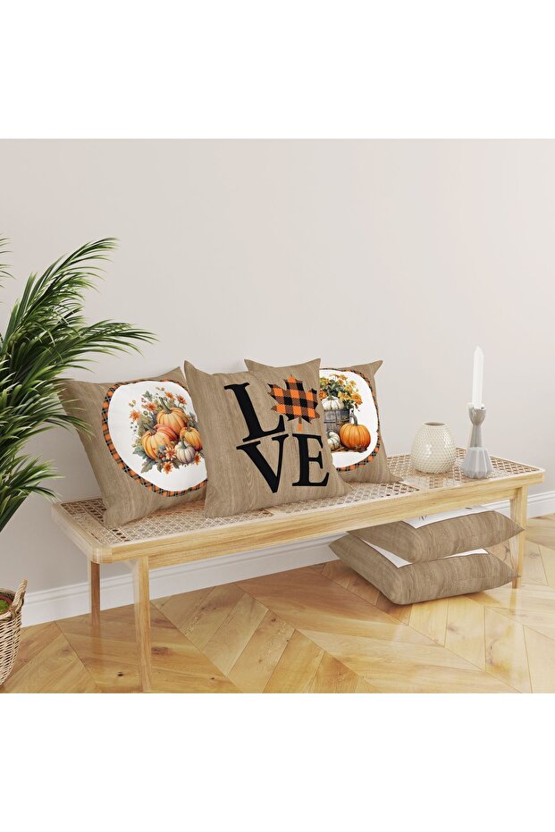 Velvet Throw Pillow Set - 4 Pieces, Double Sided Printed, Autumn and Pumpkin Pattern