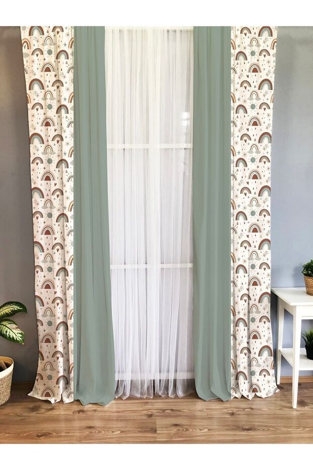 Printed Rainbow Patterned Single Wing Velvet Texture Background Curtain - Green