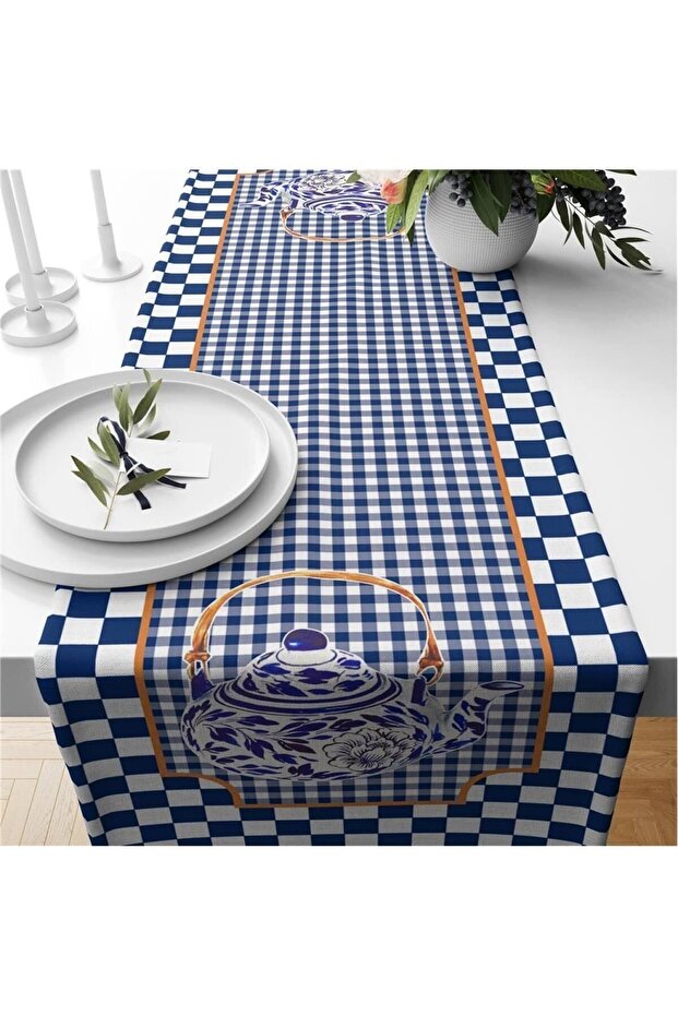 Blue Gingham Patterned Velvet Runner - 1