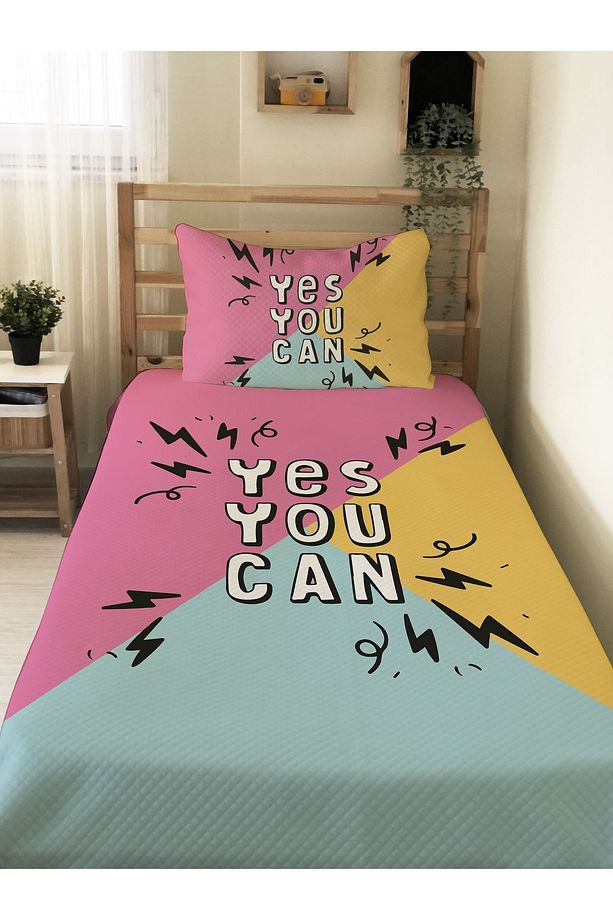 Yes You Can Desenli Genç Ve Çocuk Baskılı Tek Kişilik Pike Takımı 160x230 Renkli - 1