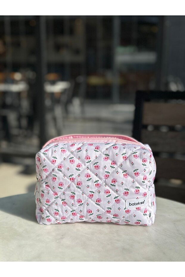 Tiny Pink Floral Patterned Makeup Bag - Large Size - 1