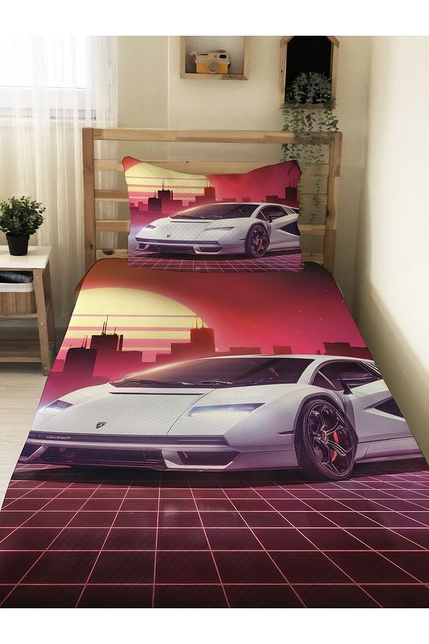 Spor Araba Desenli Genç Ve Çocuk Baskılı Tek Kişilik Pike Takımı 160x230 Renkli - 1