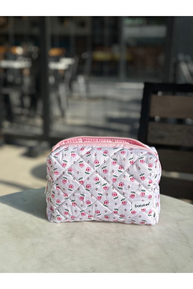 Tiny Pink Floral Patterned Makeup Bag - Large Size - 4