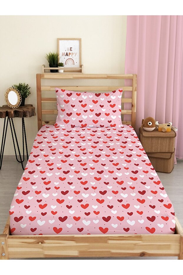 Heart Patterned Printed Single Elastic Sheet Set - 1