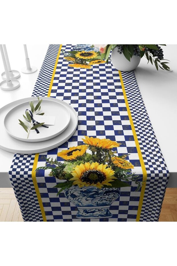 Blue Gingham Sunflower Pattern Velvet Runner - 1