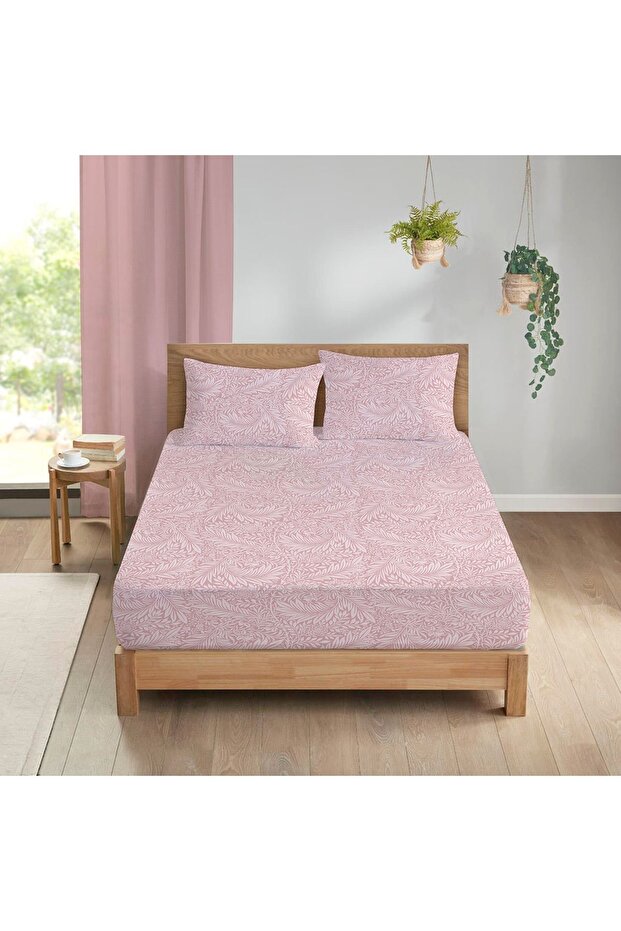 Leaf Pattern Printed Double Sheet Set 160x200 Cm - Pink - 1
