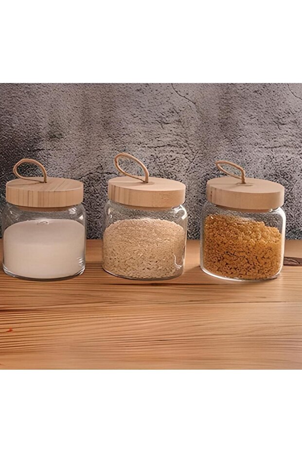 Woody Jar with Wooden Lid 575 Cc -3 Pieces