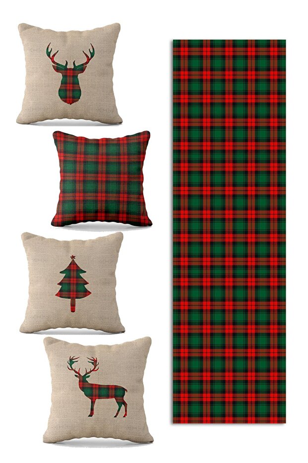 New Year Pattern Christmas and Christmas Special Design 4-Piece Throw Pillow Cover and Runner Set