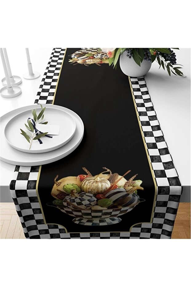 Black Gingham Pumpkin Patterned Velvet Runner - 1