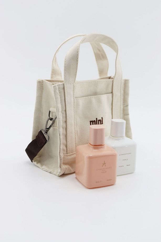 Mini Yazılı Kanvas Kumaş Astarlı Çapraz Mini Boy Omuz Ve El Çantası Kahve Askılı - 6