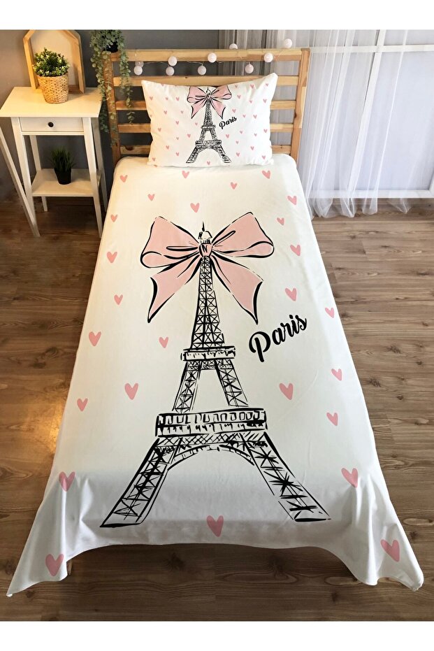 Eiffel Tower Pattern Printed 140x220 Cm Decorative Bedspread White