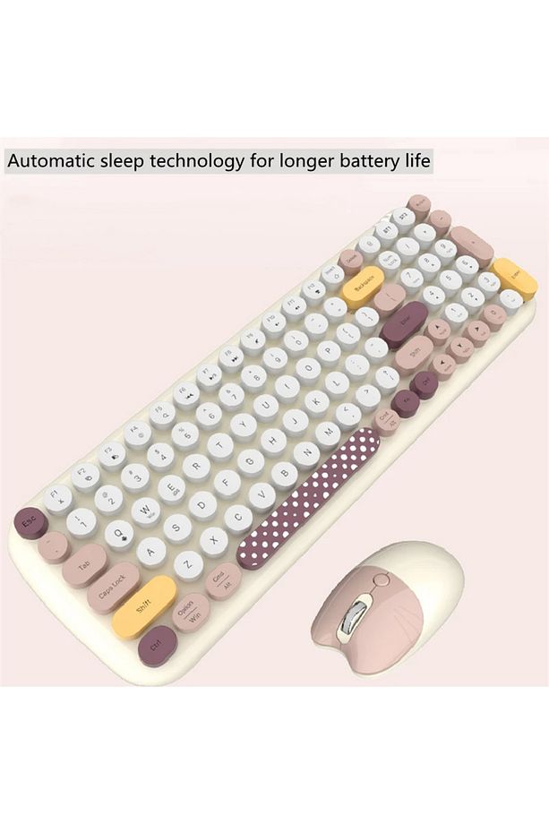 Kablosuz Klavye Ve Mouse Set 100 Tuşlu Retro Ve Şık Daktilo Renkli Tuş Tarzı Ingilizce Q Klayve - 8
