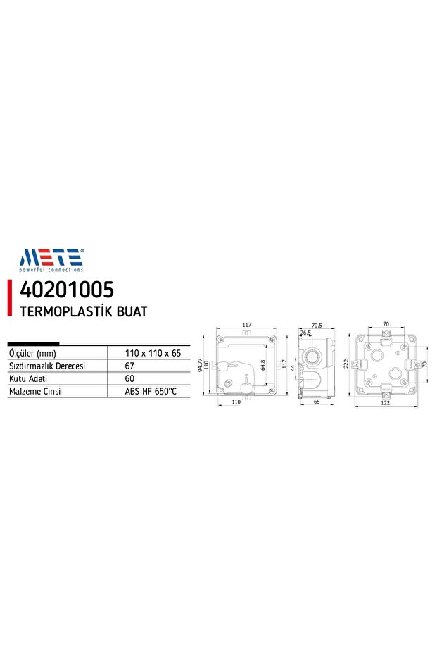 Mete Energy - 110X110X65Mm Ip67 Thermoplastic Junction Box (6 Pieces) - 2