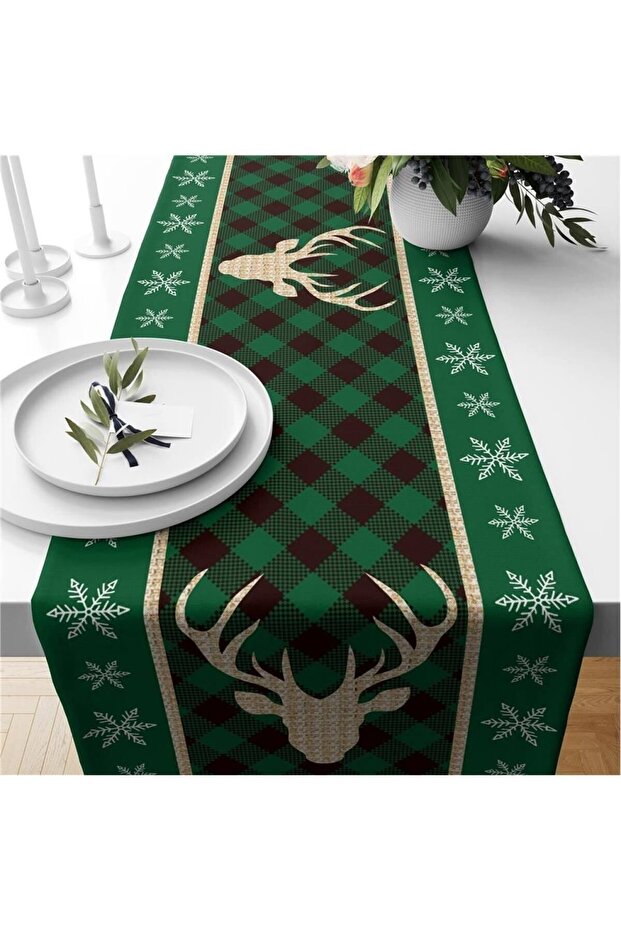 Christmas Themed Velvet Runner with Deer Pattern