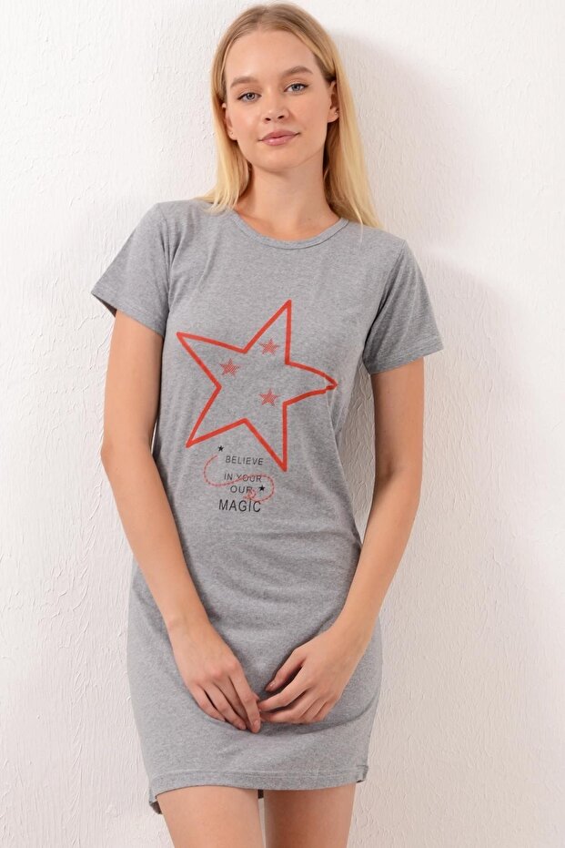 Women's Gray Printed Short Sleeve Nightgown Pmel25531