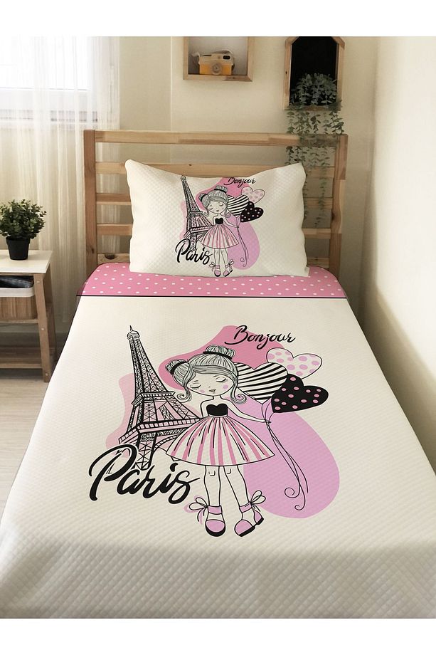 Prenses Kız Desenli, Baskılı Tek Kişilik ve Çocuk Pike Takımı - 1