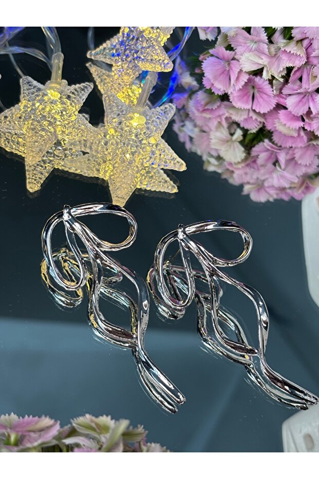 أقراط نموذج القوس الشريط الفضي - 5