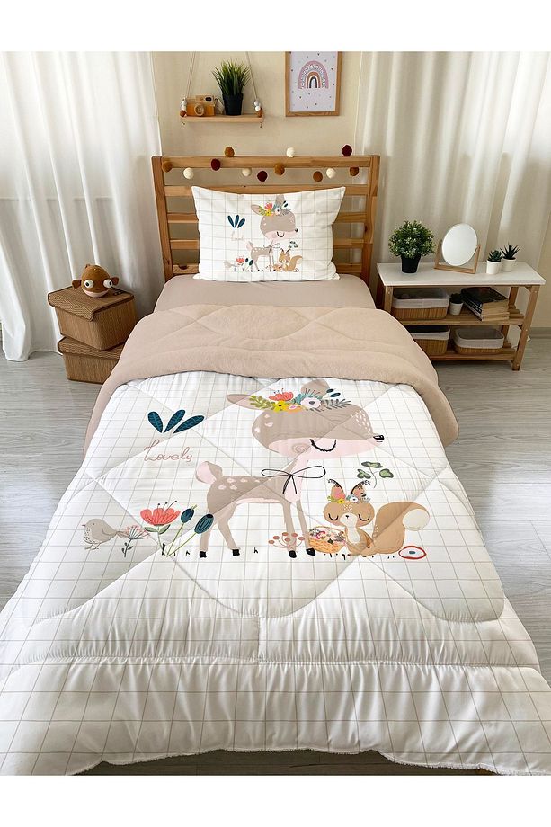 Geyik Desenli Tek Kişilik 160x220 Cm Wellsoft Çift Taraflı Silikon Yorgan Ve Uyku Seti - 1