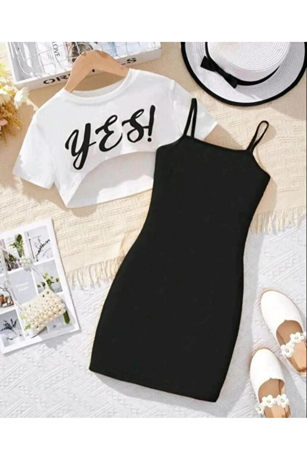 Kids Yes Printed Dress & Crop T-Shirt 2-Piece Combination