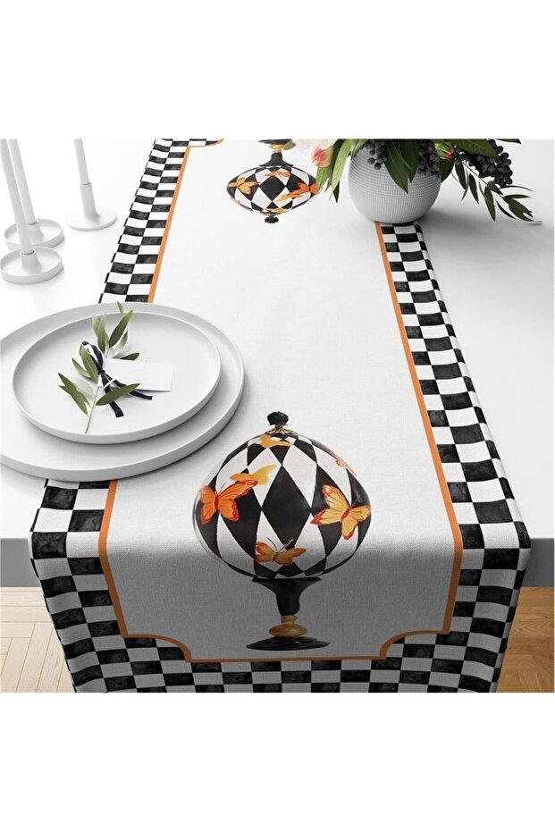 Black Gingham Modern Patterned Velvet Runner - 1