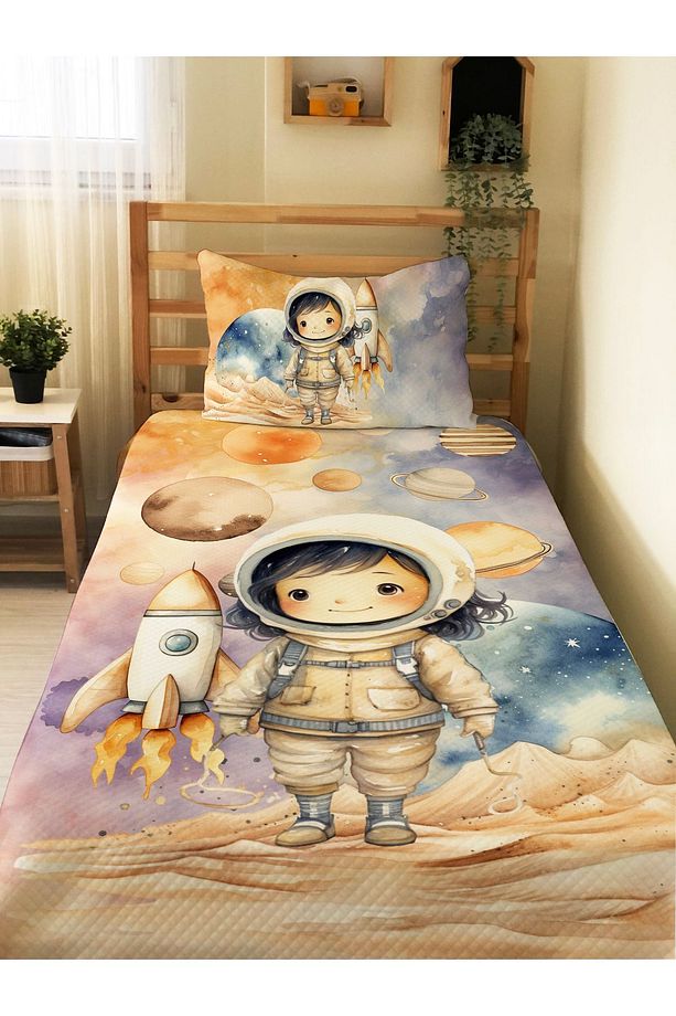 Astronot Desenli Tek Kişilik Pike Takımı 160x230 Cm - 1