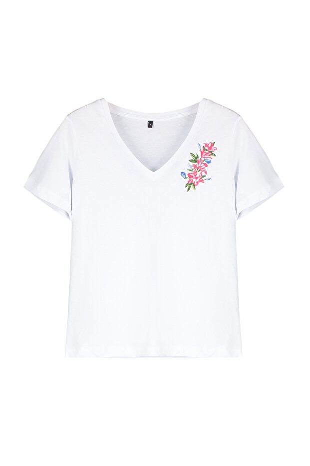 Beyaz %100 Pamuk Regular/Normal Kalıp Nakışlı V Yaka Örme T-Shirt TWOSS24TS00266 - 7
