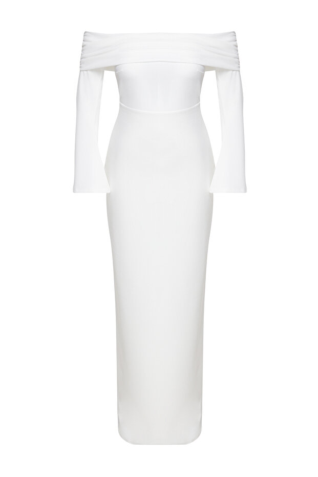 Bílé pletené dlouhé stylové večerní šaty Carmen s výstřihem Tprss24Ae00204 - 6