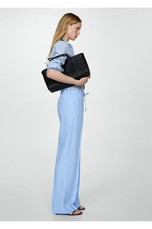 Keten karışımlı beli elastik pantolon - 8