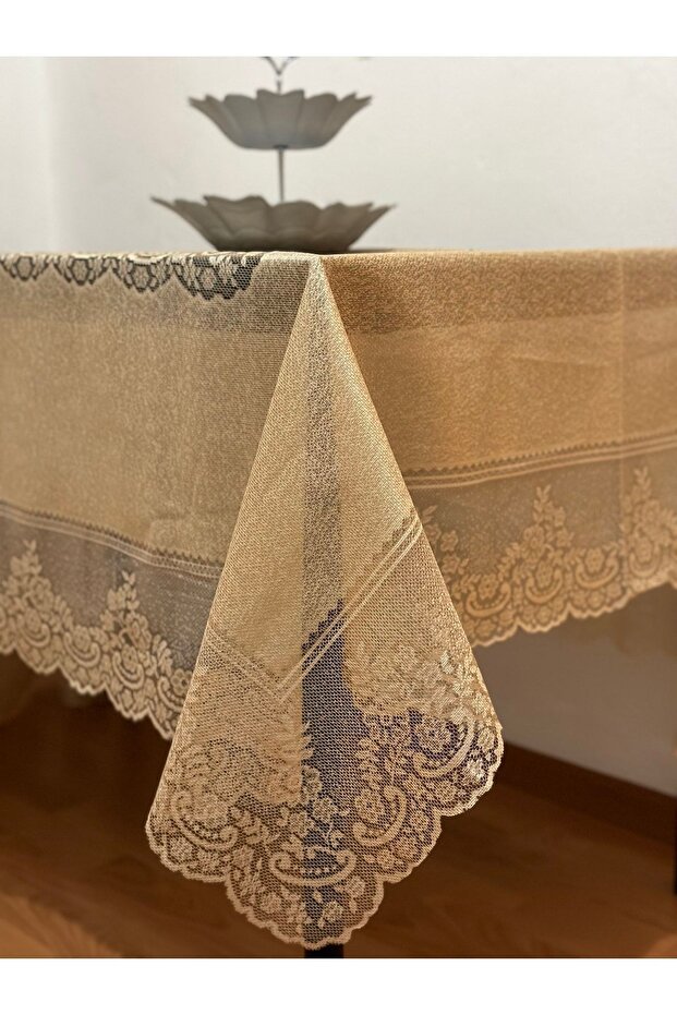 Tile Patterned, Carefree, Stain-Proof, Lace Tablecloth, Milk Coffee 160x220 Cm