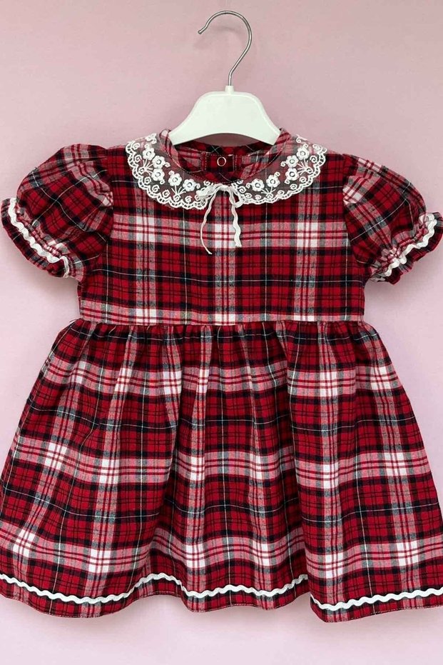 Baby Collar Water Stone Detailed Plaid Design Girl's Baby Dress