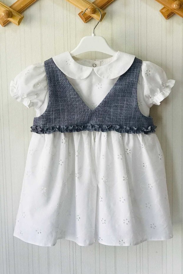 Baby Collar Laser Flower Patterned White Girl's Baby Dress And Blue Gray Denim Vest Set