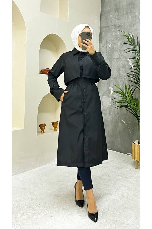 Black Women's Trench Coat with Lined Inside and Button Detail