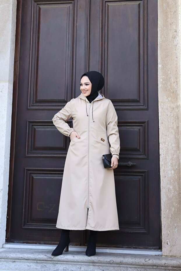 Cream Striped Women's Long Trench Coat with Front Pocket and Self-Lining Waterproof