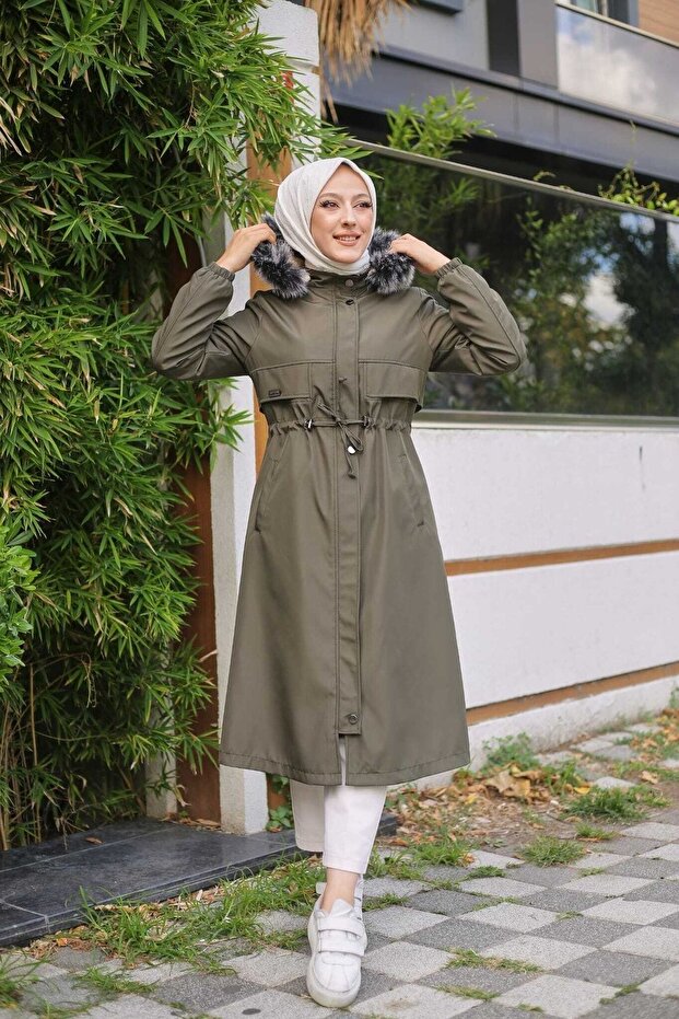 Khaki Fur Lined and Waterproof Women's Winter Coat & Coat