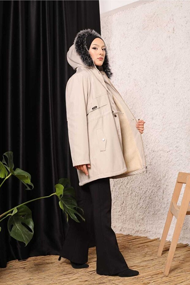 Light Beige Fur Lined and Waterproof Women's Winter Coat & Coat