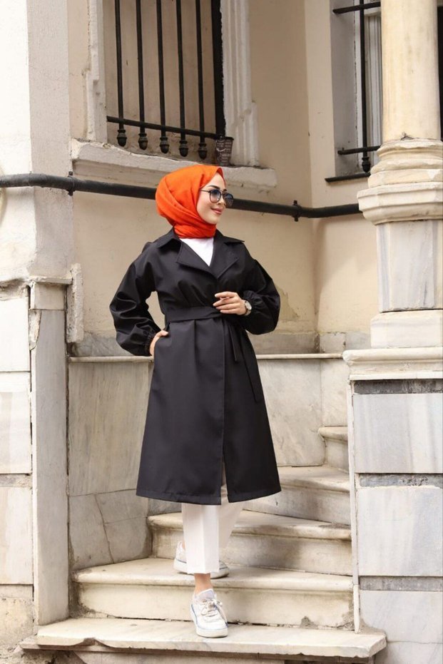 Black Striped Balloon Sleeve Women's Trench Coat