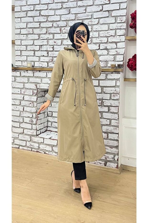 Beige Waterproof Women's Trench Coat with Striped Interior and Self-Lined