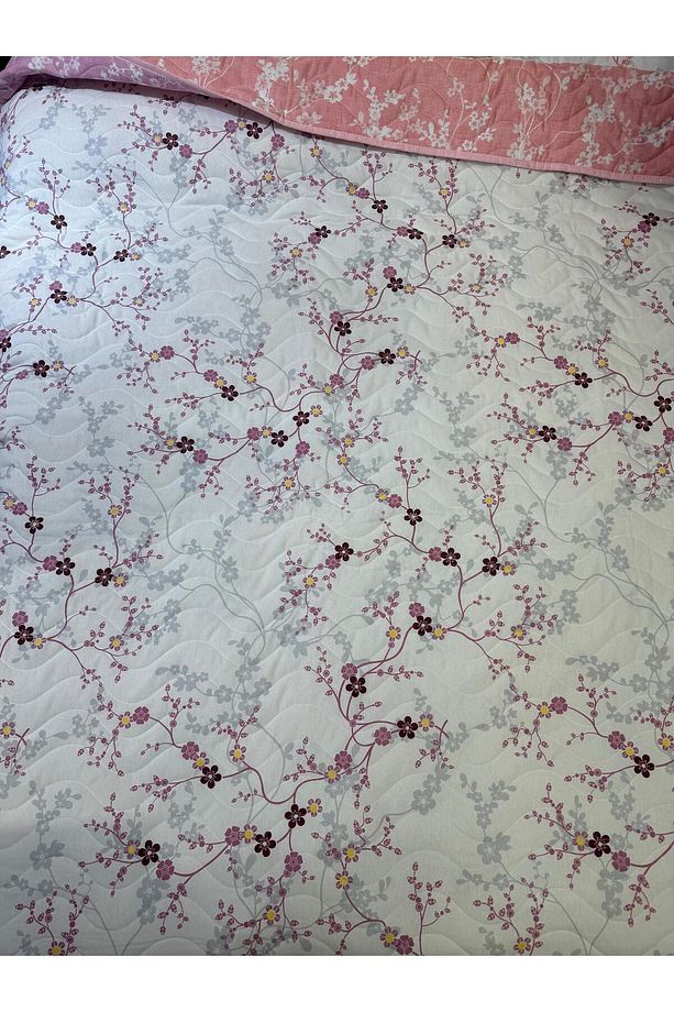 Pamuklu Tek Kişilik Çift Taraflı Çiçek Dalı Desenli Kapitone Çok Amaçlı Örtü 160x230 Cm. - 9