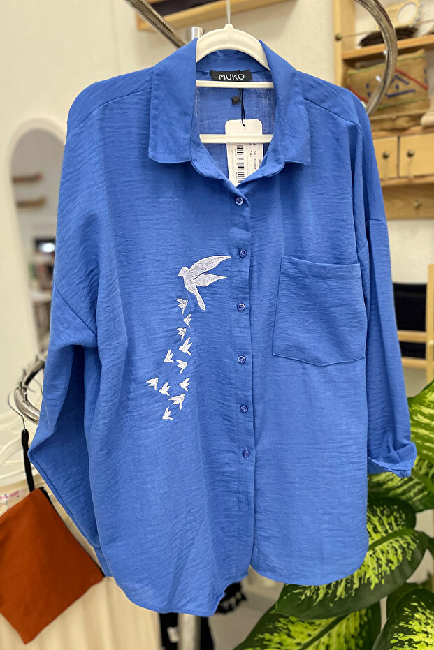 Nakış İşlemeli - Oversize - Keten Gömlek - 1