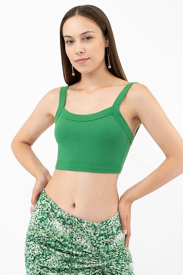 Kadın Yeşil Fitted Kare Yaka Fitilli Esnek Örme Crop Atlet - 1