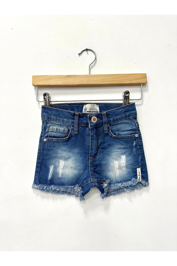 Girl's Stretchy Blue Denim Shorts with Ripped Detail