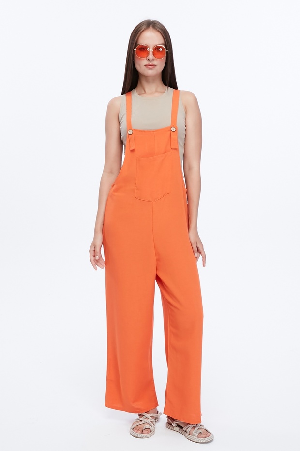 Buttoned Straps Orange Jumpsuit with Front Pockets