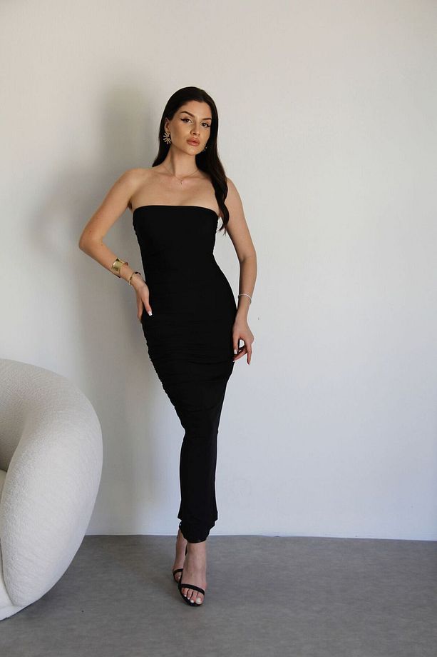 Julidress Siyah Straplez Yaka Midi Boy Nikah Nişan Davet Gece Elbisesi - 1
