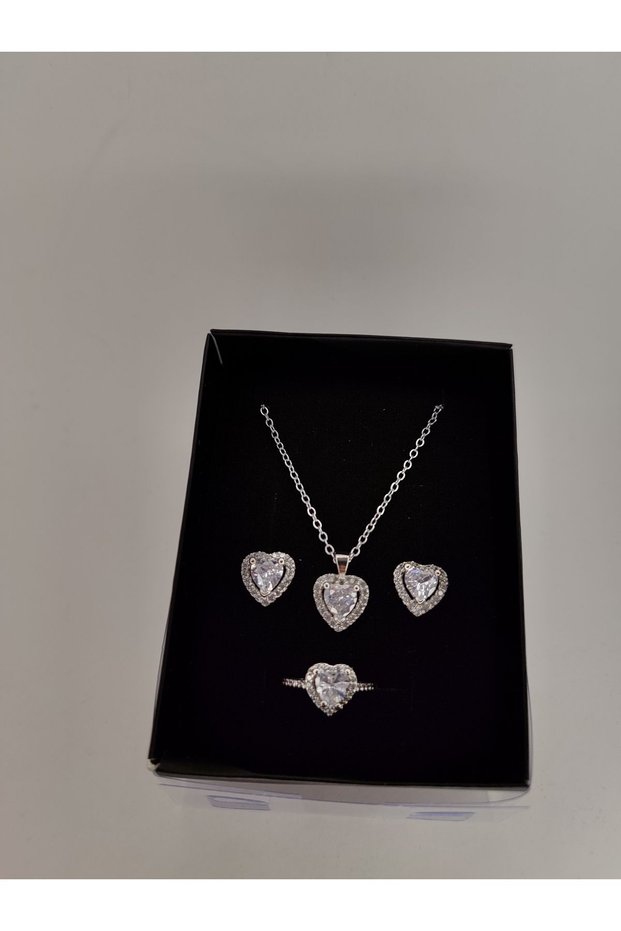 Necklace-Earrings-Rings Jewelry Set Silver Color with White Stones