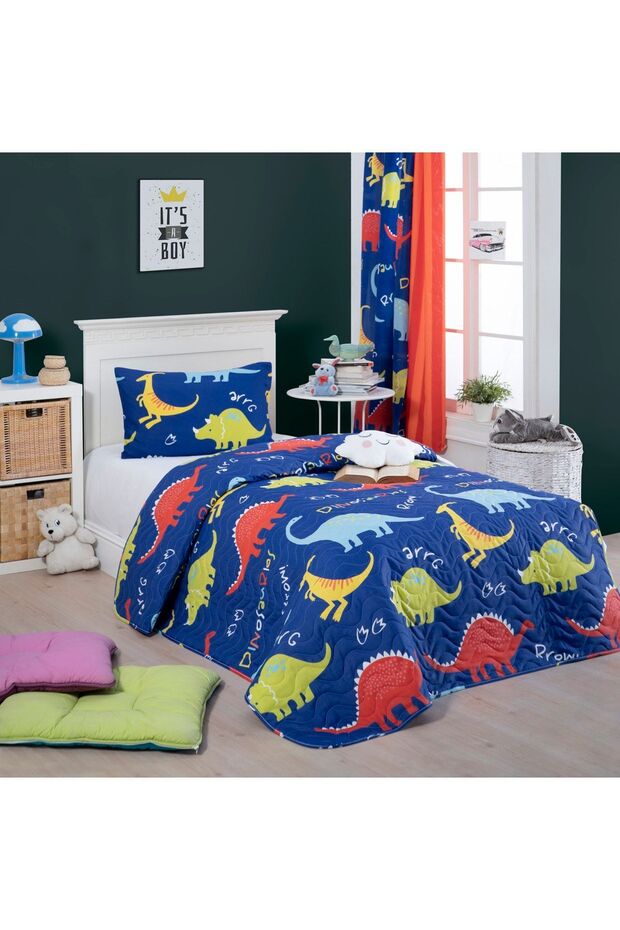 Kapitone Yatak Örtüsü Seti Tek Kişilik Dinazorus Mavi - 4