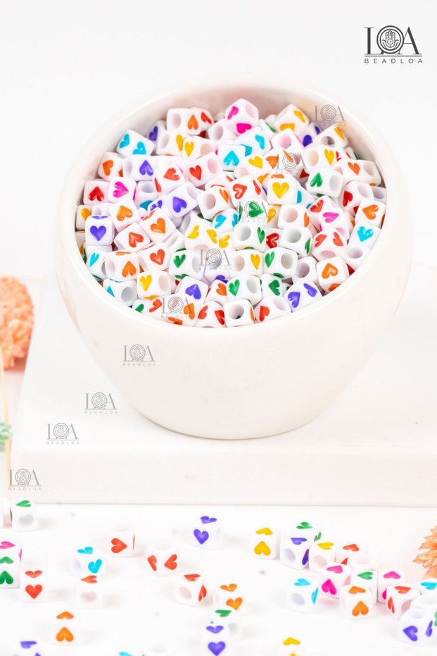 6x6 mm Square Cube White - Colored Heart Beads A & Z Mixed Keychain and Jewelry Accessory 25 gr 150 Pieces