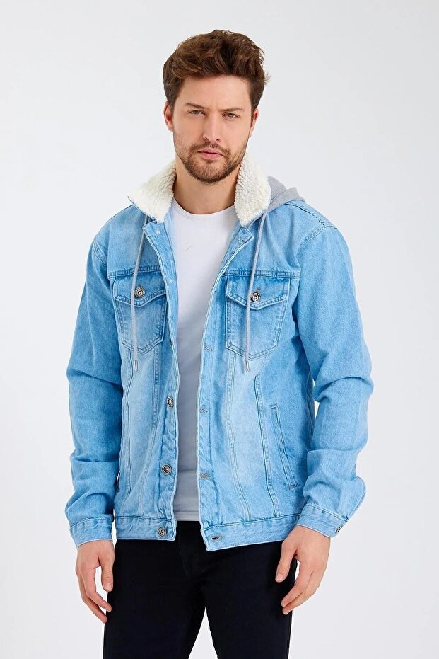 Men's Seasonal Classic Denim Casual Hooded Denim Jacket Ice Blue