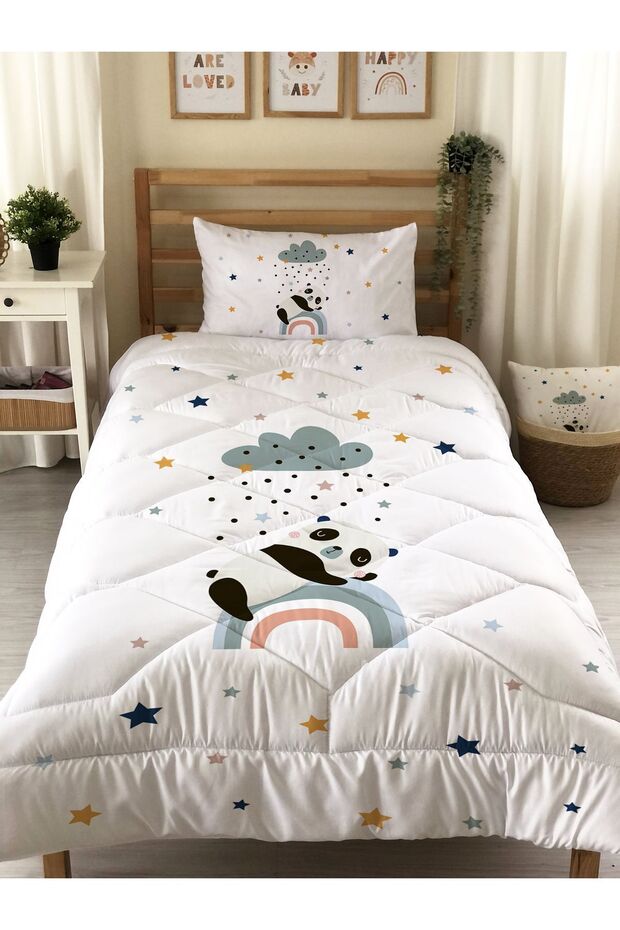Panda and Rainbow Patterned Quilted Quilt, Decorative Bedspread
