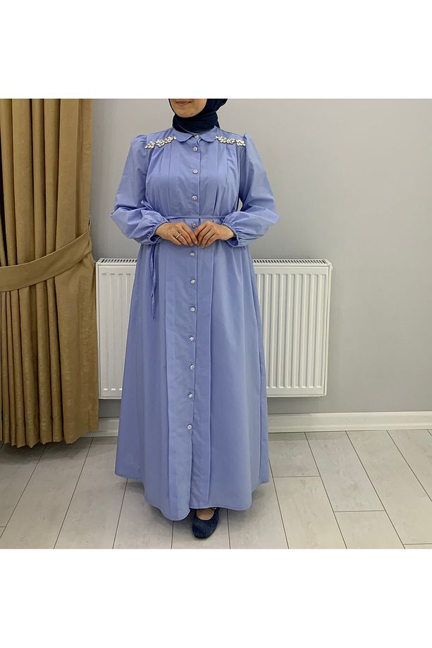 TUHARA BUTİK JULİA OMZU TAŞ DETAYLI NERVÜRLÜ ELBİSE - 1