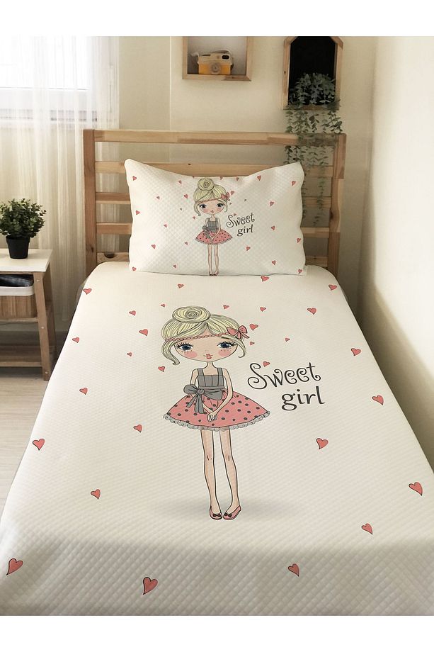 Prenses Kız Desenli, Baskılı Tek Kişilik ve Çocuk Pike Takımı - 1